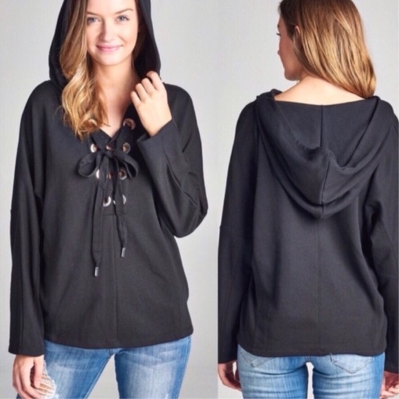 Tops - Black Lace-Up Hoodie Tops - Black Lace-Up Hoodie